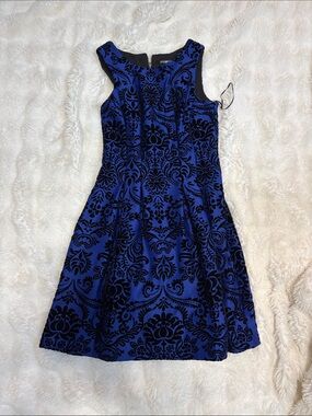 Roz & Ali Royal Blue and Black Flocked Floral A-Line Midi Dress